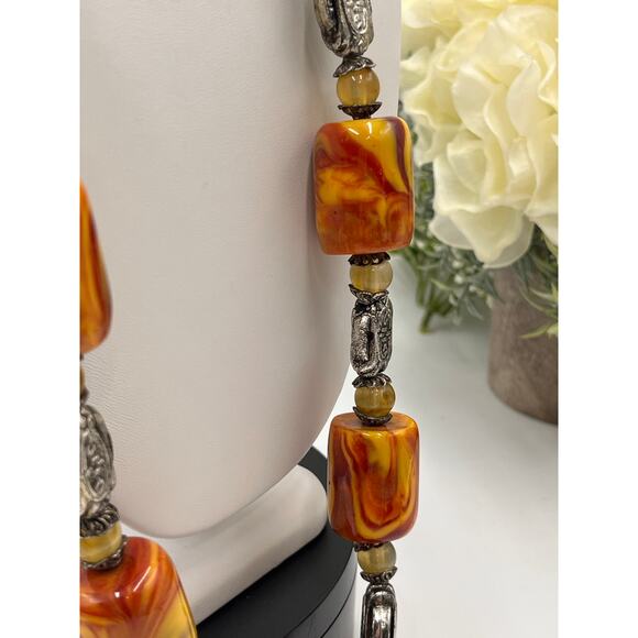 Vintage Yellow Red Orange Swirl Amber Cherry Butterscotch Bakelite Necklace 150g - Picture 6 of 11